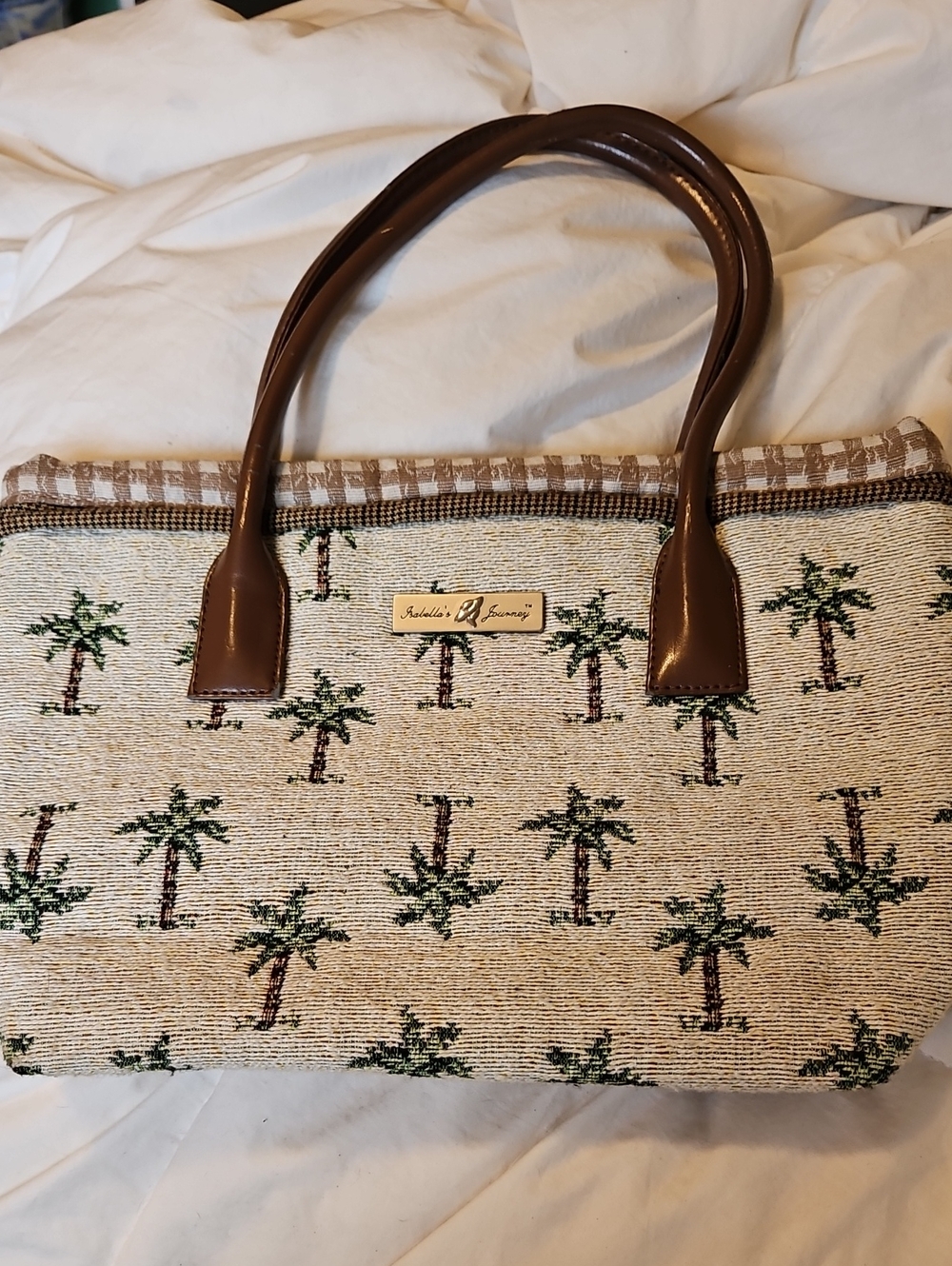 Palm-Print Beige Bag with Brown Handles